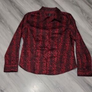 Talbots Stretch Black & Red Leopard Long Sleeve Button Top